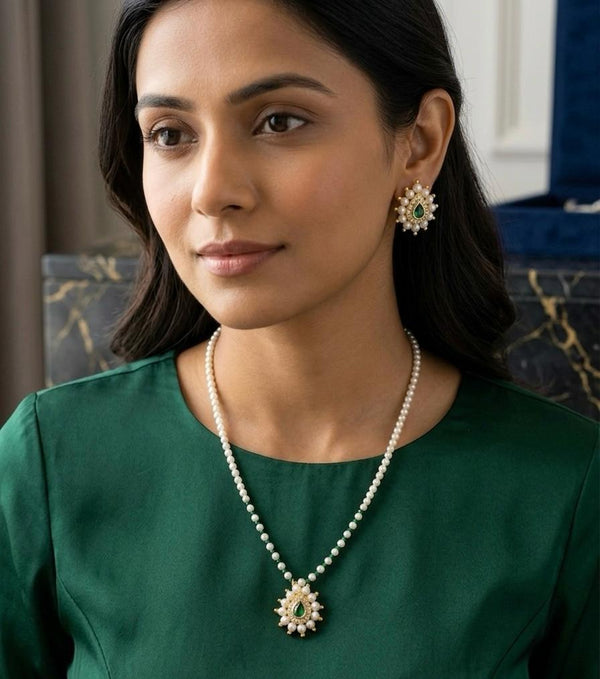 Pearl Necklace Set with Stone Pendant | Elegant Ethnic Jewelry Set for Women