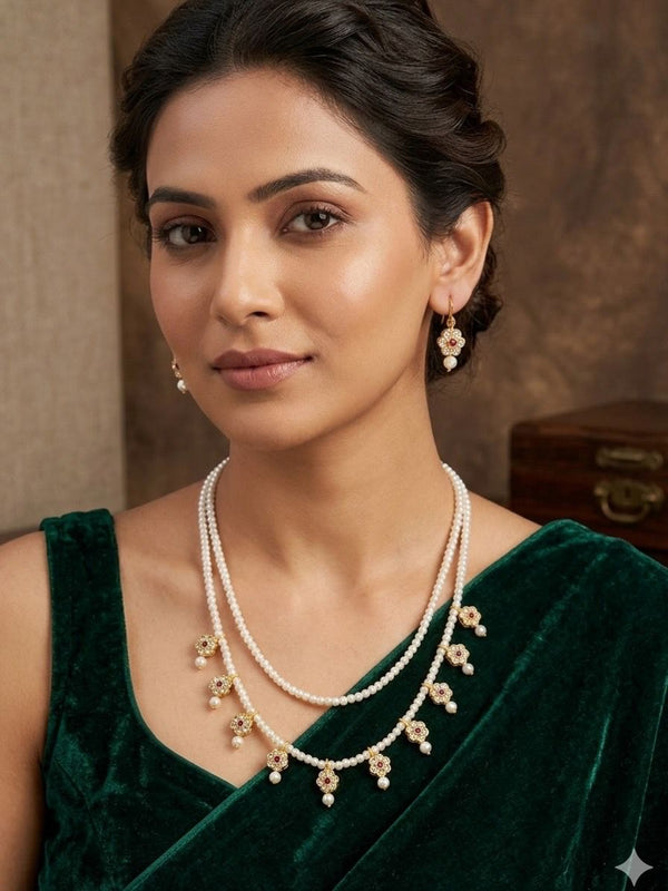 Pearl Drop Necklace Set – Elegant Layered Pearl Jewellery with Earrings