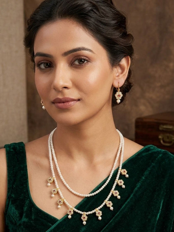 Pearl Drop Necklace Set – Elegant Layered Pearl Jewellery with Earrings
