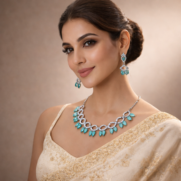 American Diamond Turquoise Necklace and Earrings Set