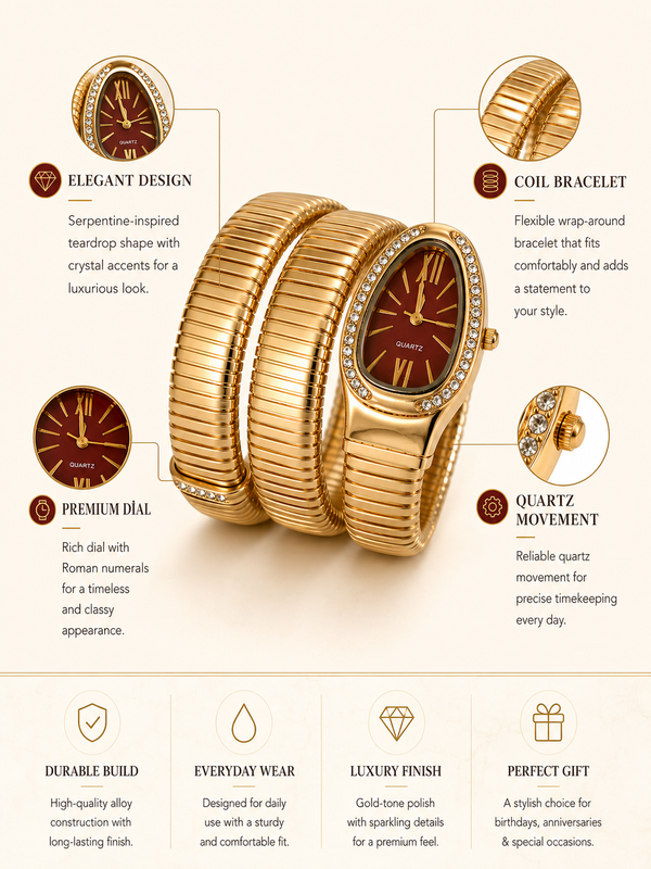 Serpentine Luxe Watchfor Women | Gold Coil Bracelet Watch