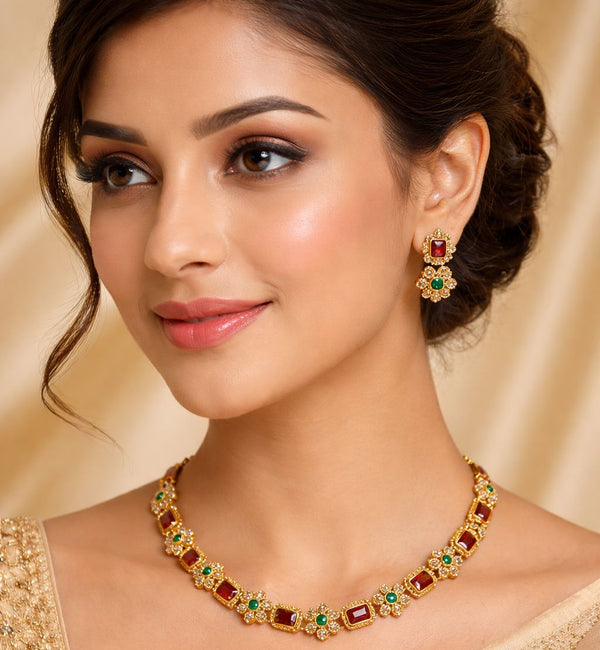 Royal Kundan Ruby & Emerald Necklace Set with Earrings