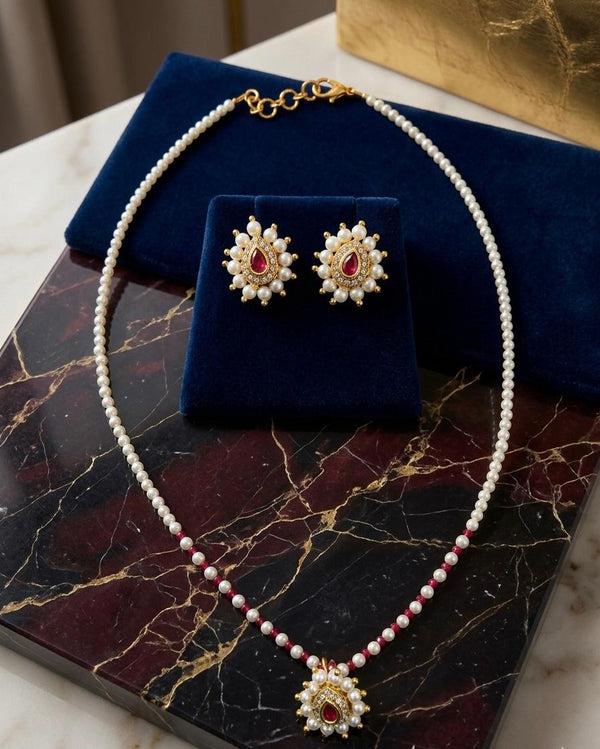 Pearl Necklace Set with Stone Pendant | Elegant Ethnic Jewelry Set for Women
