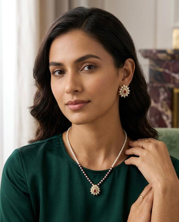 Pearl Necklace Set with Stone Pendant | Elegant Ethnic Jewelry Set for Women